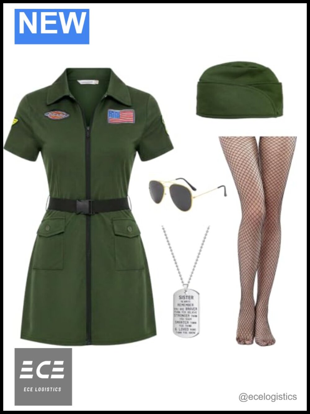 Women's Pilot Flight Suit Costume Set 6-Piece Zipper Dress Hat Belt Sunglasses